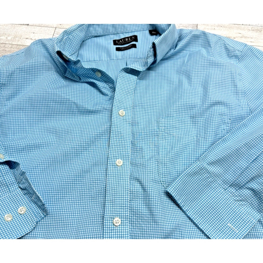 LAUREN‎ RALPH LAUREN Men's Blue Plaid Stretch Fabric Regular Fit Button Shirt LG